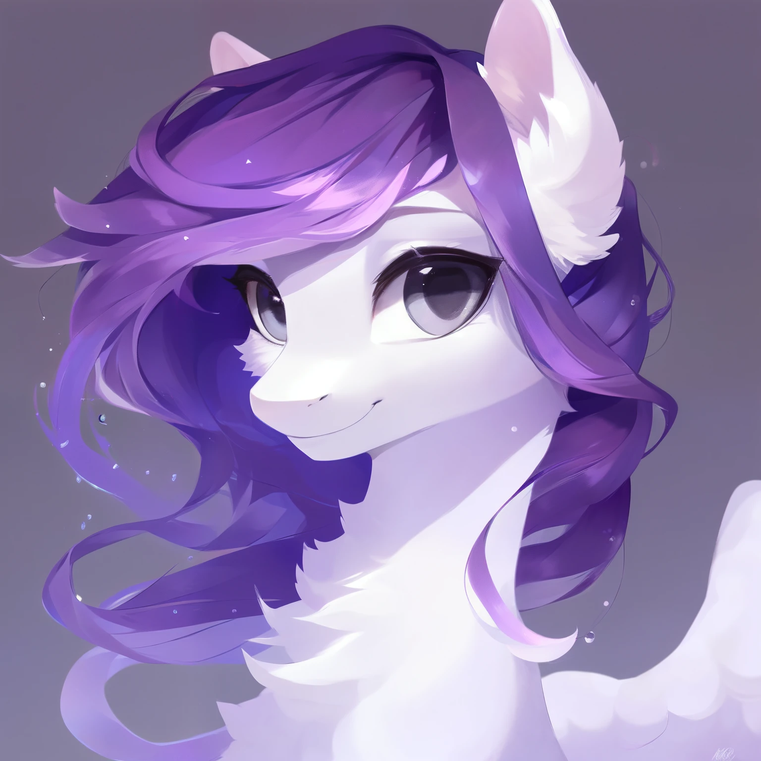 rating_safe, score_9, fluffy, feral pegasus pony, female,Light purple body，Black purple mane，Wearing hair，Soft and fine long hair，清澈高傲带有几分温柔的Gray Eyes，Gray Eyes，Smile。avatar
