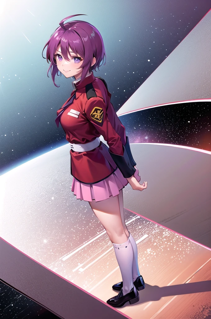 masterpiece,Highest quality,One girl,Mature Woman,Lunamaria Hawke,short hair,Ahoge,Redhead,Purple eyes,Purple Hair,Pink Skirt,uniform,Black knee socks,Long sleeve,smile,Are standing,Put your arms behind your back,I had already finished,universe船内部,sf,universe,From above,Dutch Angle,