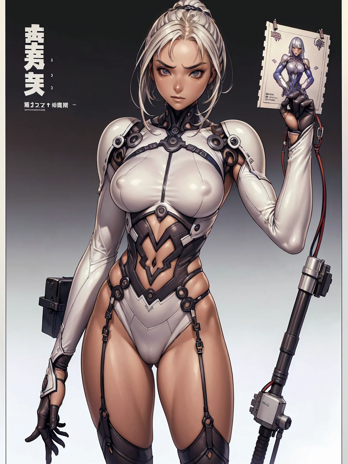 (((best final quality))), (((white bob hairstyle))), ssmile(((standing alone:1.2))),(((1 girl:1.2))),((((beautiful perfect woman)))),(((perfectbody detalhado, perfect finger detailed))),((((((final film poster)))))),(((to burst, close up))),((((detailed complicated machine)))),(((((mechanical genius))))),(((American comics))),(((extreme highlights))),(((extremely colorful, primary colours))),neckleace, super beautiful lady,(((Typography))),text, (Unbeatable masterpiece), (hiper HD),(CG 8k hyper-realistic), (((brave face))), (((breasts big))), (((hyper feminine))), (((musclegirl))), sexly girl, king of fighter,(straight hair with thin braids)), ((( sculptural body ))), (((1 girl))), garota de 25 anos com perfectbody,,Beautiful and well-groomed face,muscular body:1.2,solid color detailed jacket, (Head to thigh photos), Complex equipment, (((standing alone))), pirralha violent, ((())), sexly, pose de atitude, work of art, post-apocalypse, (((manga style))), bounty hunter, violent, Manic, the way you want, slenderbody, thin but strong, perfectbody, roupa moderna, advanced technology, neon, sleeves with vertical striped pattern, intricate background, (( cowboy shot )). intricate visual
