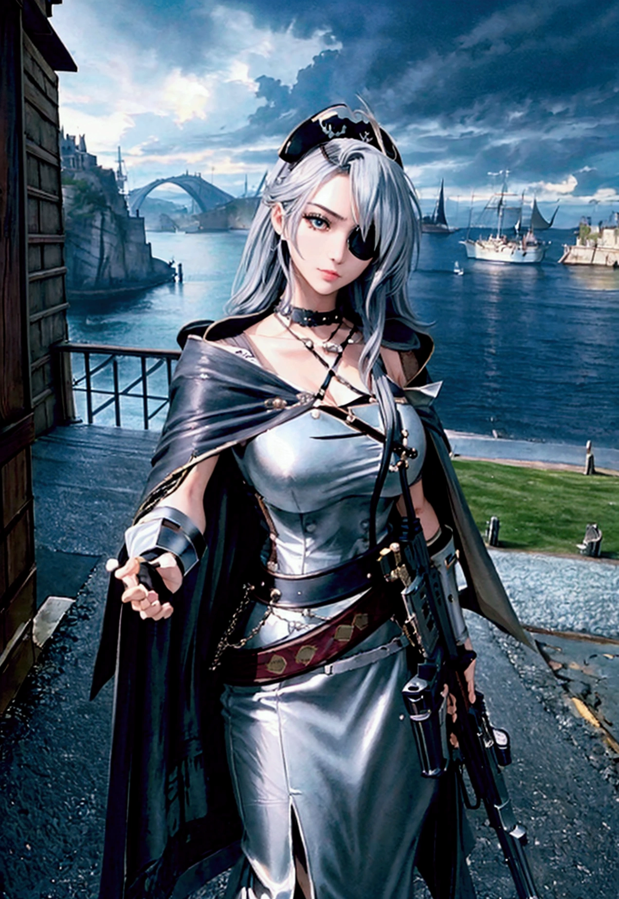 high quality、high resolution、Fine details、pirate、Eye patch、He has a gun,Cape、Medieval maritime landscape