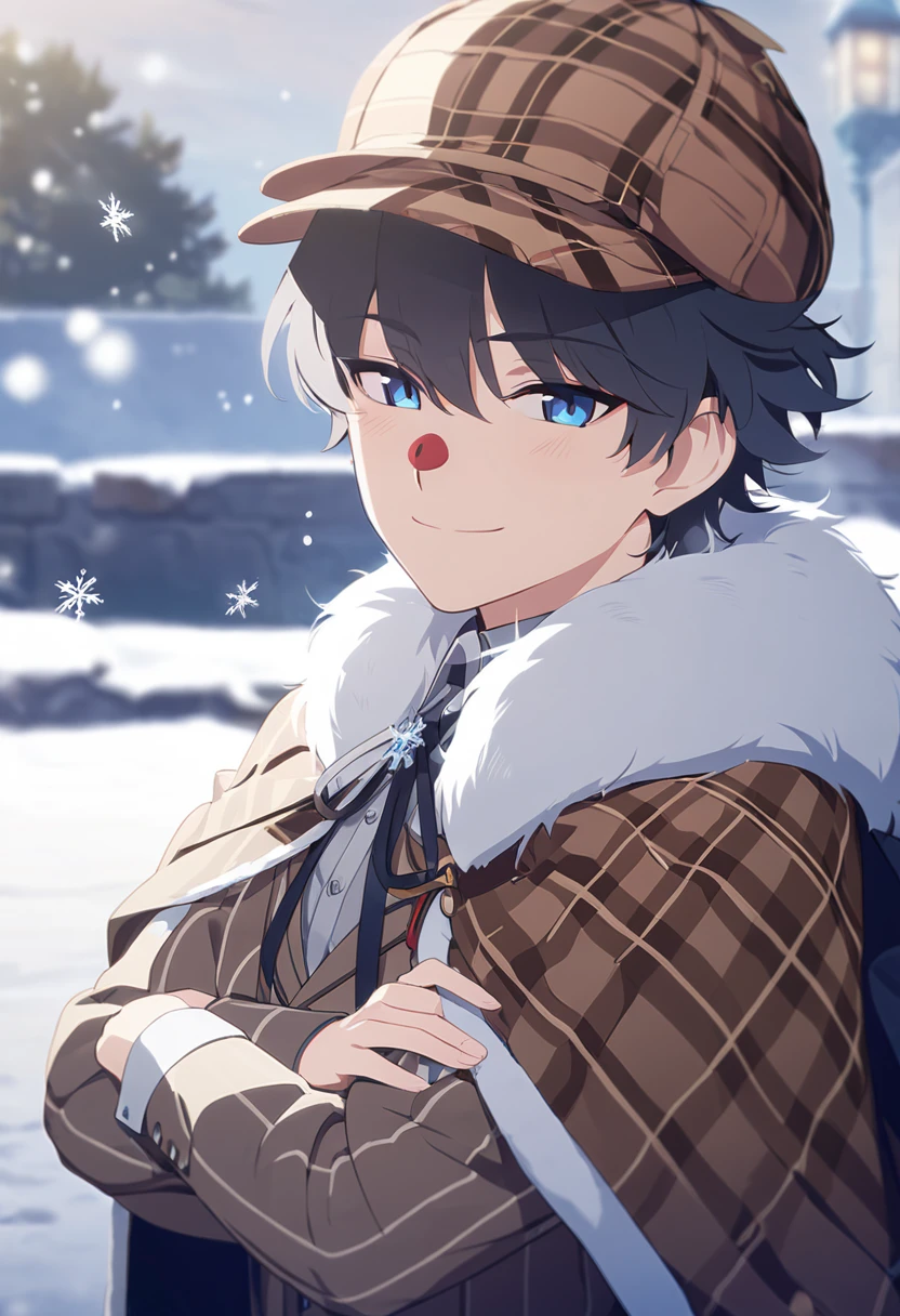 masterpiece,best quality,depth of field,8k,뷰어를 Overlooking,man,dark gray hair,blue eyes,(charismatic eyes 1:1),chic,black hair,Blue Eyes,wrote deerstalker,Light brown striped frock coat with cape,with arms crossed,male,Overlooking,Short hair,alone,smiling,Cloak with fur on the shoulders,There is snow in the background,snowing,Red nose,doing v,light blush