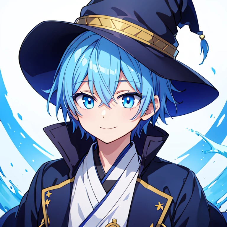 blue eyes、Blue Hair、male、Shortcuts、Round eyes、smiling、anime風、anime、White background、Witch Hat、Short Hair、boy、Japanese illustration style、High
