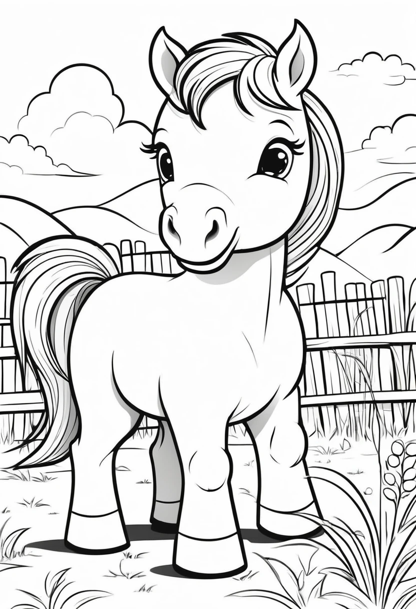 A clean and simple black and white drawing to color, featuring an adorable baby horse. the little horse will be busy playing near the straw and straw, showing his cheerful spirit. The illustration is designed with bold, thick lines, perfect for children to fill in with color. The overall style is reminiscent of classic cartoon characters, creating a cheerful and pleasant atmosphere., illustration, illustration