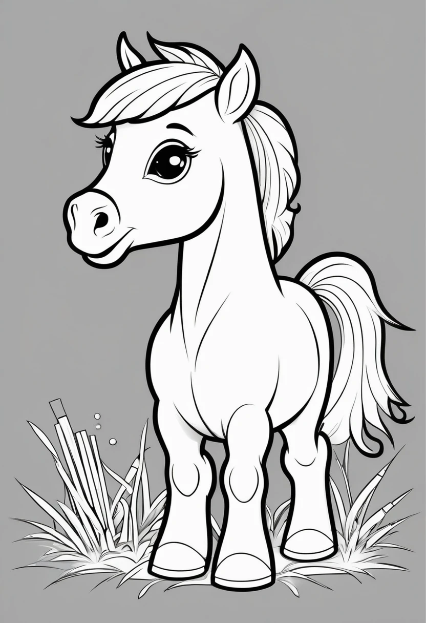 A clean and simple black and white drawing to color, featuring an adorable baby horse. the little horse will be busy playing near the straw and straw, showing his cheerful spirit. The illustration is designed with bold, thick lines, perfect for children to fill in with color. The overall style is reminiscent of classic cartoon characters, creating a cheerful and pleasant atmosphere., illustration, illustration