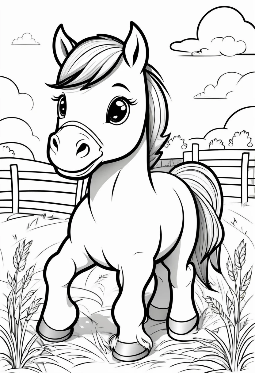 A clean and simple black and white drawing to color, featuring an adorable baby horse. the little horse will be busy playing near the straw and straw, showing his cheerful spirit. The illustration is designed with bold, thick lines, perfect for children to fill in with color. The overall style is reminiscent of classic cartoon characters, creating a cheerful and pleasant atmosphere., illustration, illustration