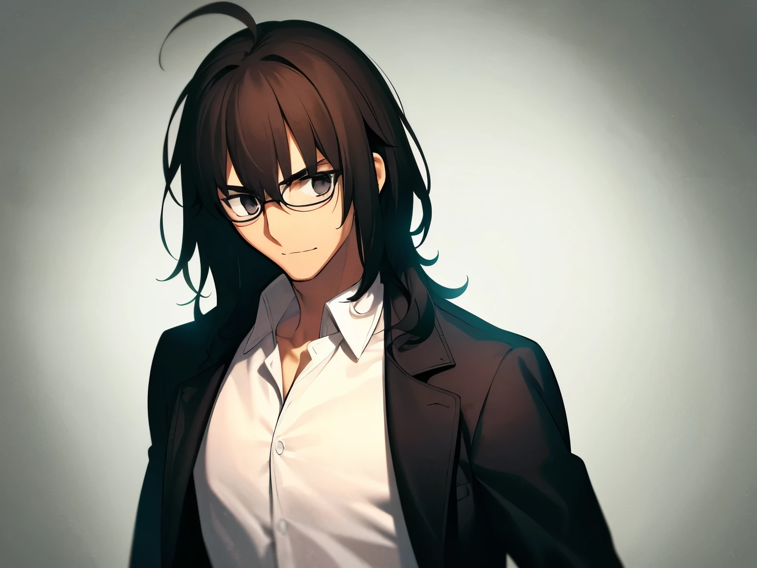 volumetric lighting, ambient lighting, highres, masterpiece, 8k, alone, one man, melancholy, young adult, black eyes, detailed dark brown hair, (wavy hair), medium greasy hair, tan skin, skinny, thick eyebrows, smirking, (wearing black overcoat with a white shirt), (wearing glasses), side eye