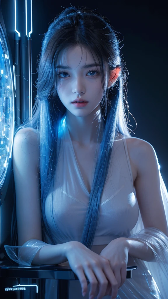 Masterpiece, 32K, UHD, RAW,(looking at camera), master's work, complete figure, focusing on calves, 18 years old, wearing transparent science fiction clothes, exquisite faces, details, hands, ultimate details, amazing magnificent, LED internal lighting, Cyberpunk style, fiber fiber hair , Glowing blue iris,