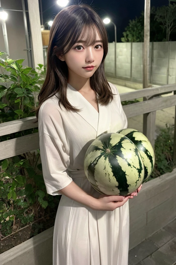 watermelon、watermelon、watermelonを頭に、watermelonの被り物、watermelonを頭に乗せる、頭にwatermelonの髪飾りをつけている、yukata、(Highest quality,masterpiece:1.3,Ultra-high resolution,),(Very detailed,Caustics),(Realistic:1.4,RAW shooting,)Ultra-Realistic Capture,Very detailed,High resolution 16K suitable for human skin、 Natural skin texture、、Skin tone is even and healthy looking、 Use natural light and colour,One Woman,Japanese,,cute,Mid-length hair,(Written boundary depth、chromatic aberration、、Wide range of lighting、Natural Shading、)、(Outdoor lighting at night:1.4)、(Hair swaying in the wind:1)、(Exposure:3.0)、