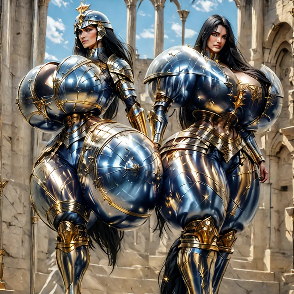 a beautiful golden-greek-armored warrioress, jet-black hair, hoplite helmet, muscular, huge and heavy breasts, looking at viewer, front view, modelshot pose, masterpiece, best quality, 8k, blurred background, medieval fantasy castle in the background