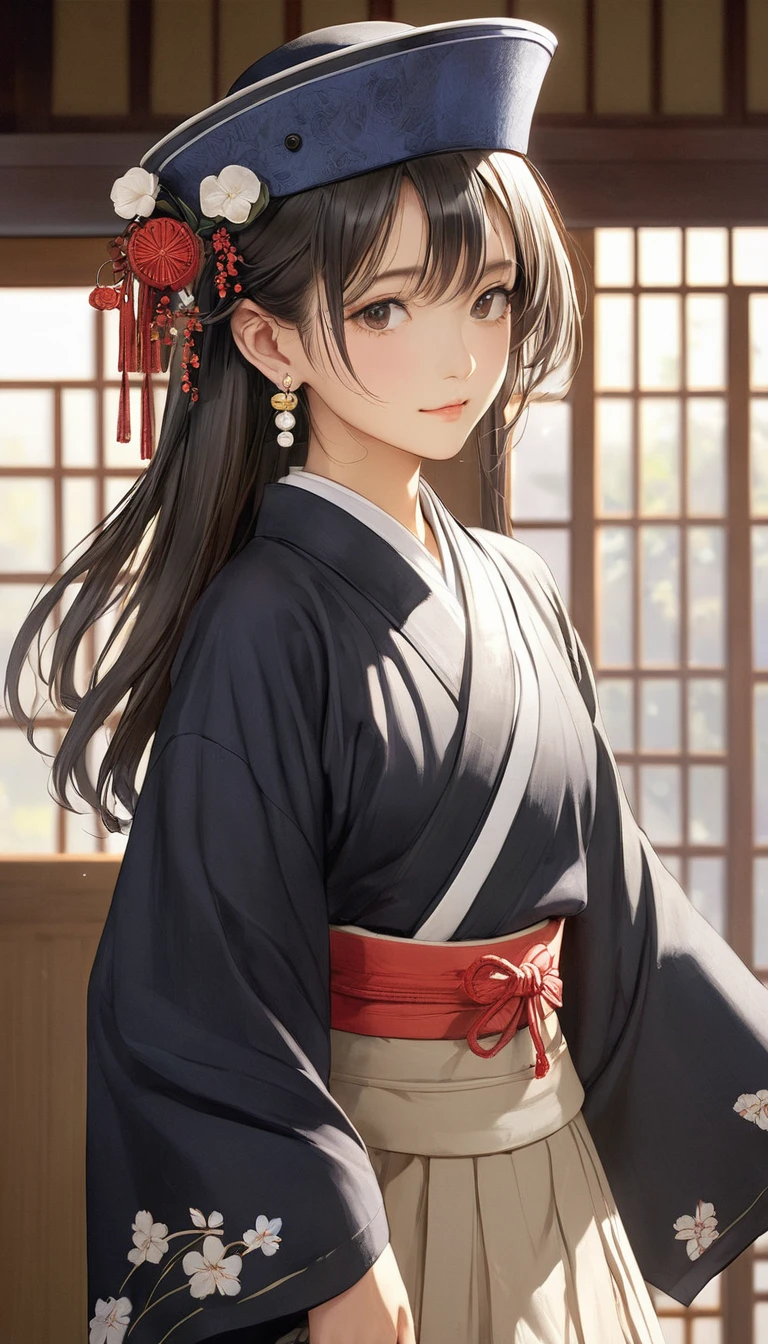 (masterpiece, Highest quality:1.2), One girl, alone,bony body、、hat、Earrings、Taisho period
