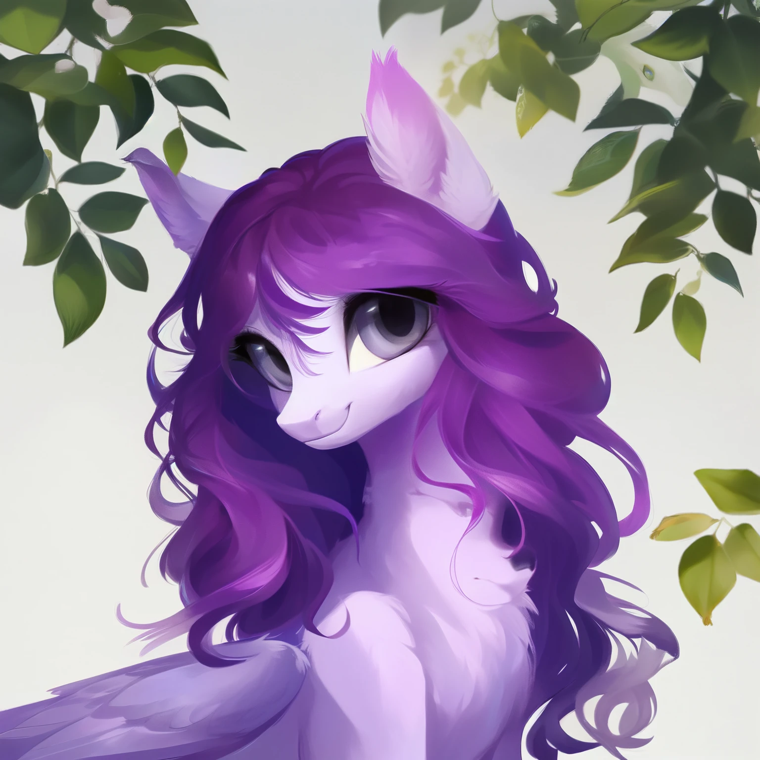 rating_safe, score_9, fluffy, feral pegasus pony, female,Purple body,Black purple mane,Wearing hair,Soft and fine long hair,清澈高傲带有几分温柔的Gray Eyes,Gray Eyes,Smile。image,Dignified sitting posture