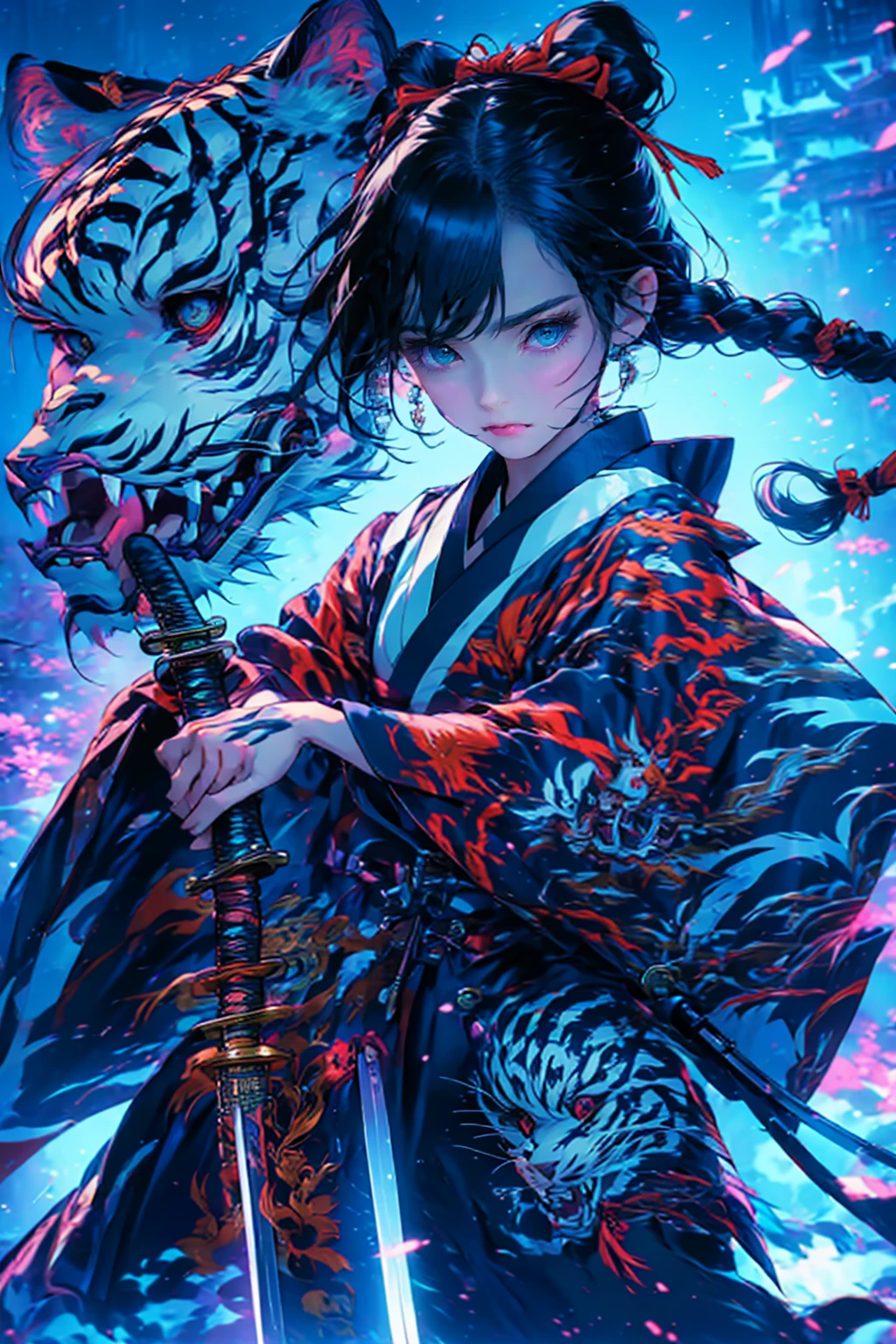1girl,solo,cool,kimono,japanese style,xuer ai yazawa style girl,holding weapon,katana,braid,looking at viewer,fighting stance,white tiger