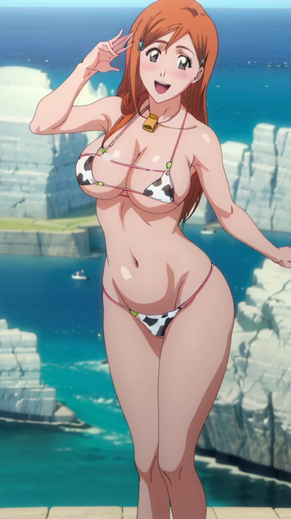 (masterpiece, 4K, Highest quality, anime style: 1.9, Detailed face, Lovely, Ocean,bold, High resolution, anime, Lake 4. alone, Curvaceous, Very slim belly, Cowboy Shot, 1 girl,,(Cow print swimsuit),,smile,Please open your mouth wide,blush.View your viewers,Big Breasts,Sexy pose.Orihime Inoue,Long Hair