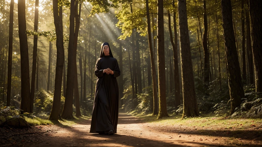a beautiful woman in a long flowing dress as if she were a nun, standing in a central place amidst very tall imposing trees, with a ray of sunlight shining down on her, (best quality,8k,highres,masterpiece:1.2),ultra-detailed,(realistic,photorealistic,photo-realistic:1.37),(portrait,chiaroscuro,dramatic lighting),dramatic lighting,detailed facial features,detailed hands and dress,intricate details in the trees,lush foliage,dramatic shadows,warm golden sunlight,rich colors,cinematic composition