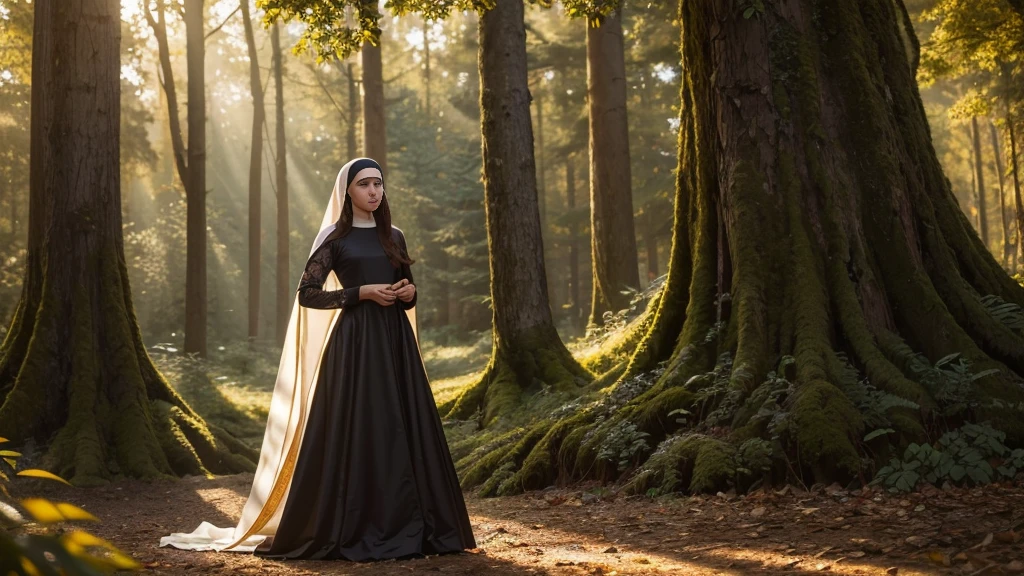 a beautiful woman in a long flowing dress as if she were a nun, standing in a central place amidst very tall imposing trees, with a ray of sunlight shining down on her, (best quality,8k,highres,masterpiece:1.2),ultra-detailed,(realistic,photorealistic,photo-realistic:1.37),(portrait,chiaroscuro,dramatic lighting),dramatic lighting,detailed facial features,detailed hands and dress,intricate details in the trees,lush foliage,dramatic shadows,warm golden sunlight,rich colors,cinematic composition
