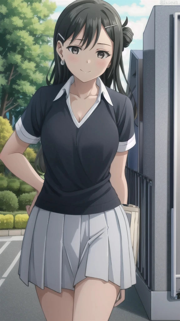 ((best quality)), ((masterpiece)), (details), one girl, sexy ((best quality)), ((masterpiece)), (details), one girl, sexy ((best quality)), ((masterpiece)), (details), one girl, full body, sexy expensive body, expensive, long legs, mature woman, mature, adult, it_nagatoro_main, Hayase Nagatoro, one girl, blushing, alone, uniform polo shirt, short sleeves, black hair,brown eyes, hair accessory, looking at viewer, hair clip, smiling, long hair, dark skinned woman, dark skin, , bangs, daytime, skirt, collared shirt, collarbone, ear clip, mouth closed, tree, asymmetrical bangs, upper body