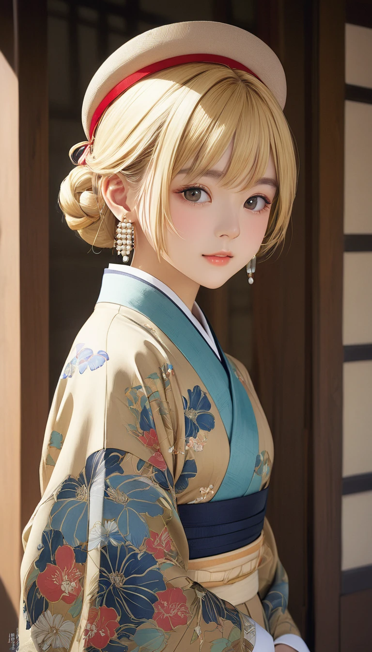 (masterpiece, Highest quality:1.2), One girl, alone,bony body、、hat、Earrings、Blonde、Taisho period