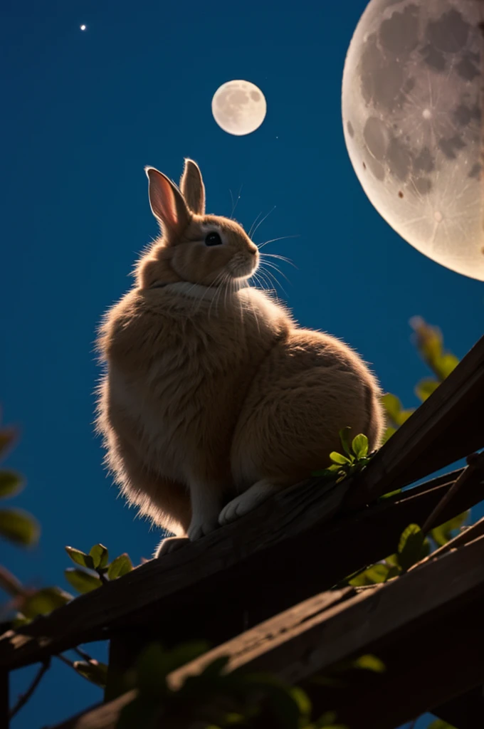 A rabbit was sitting and looking at the moon high in the sky.