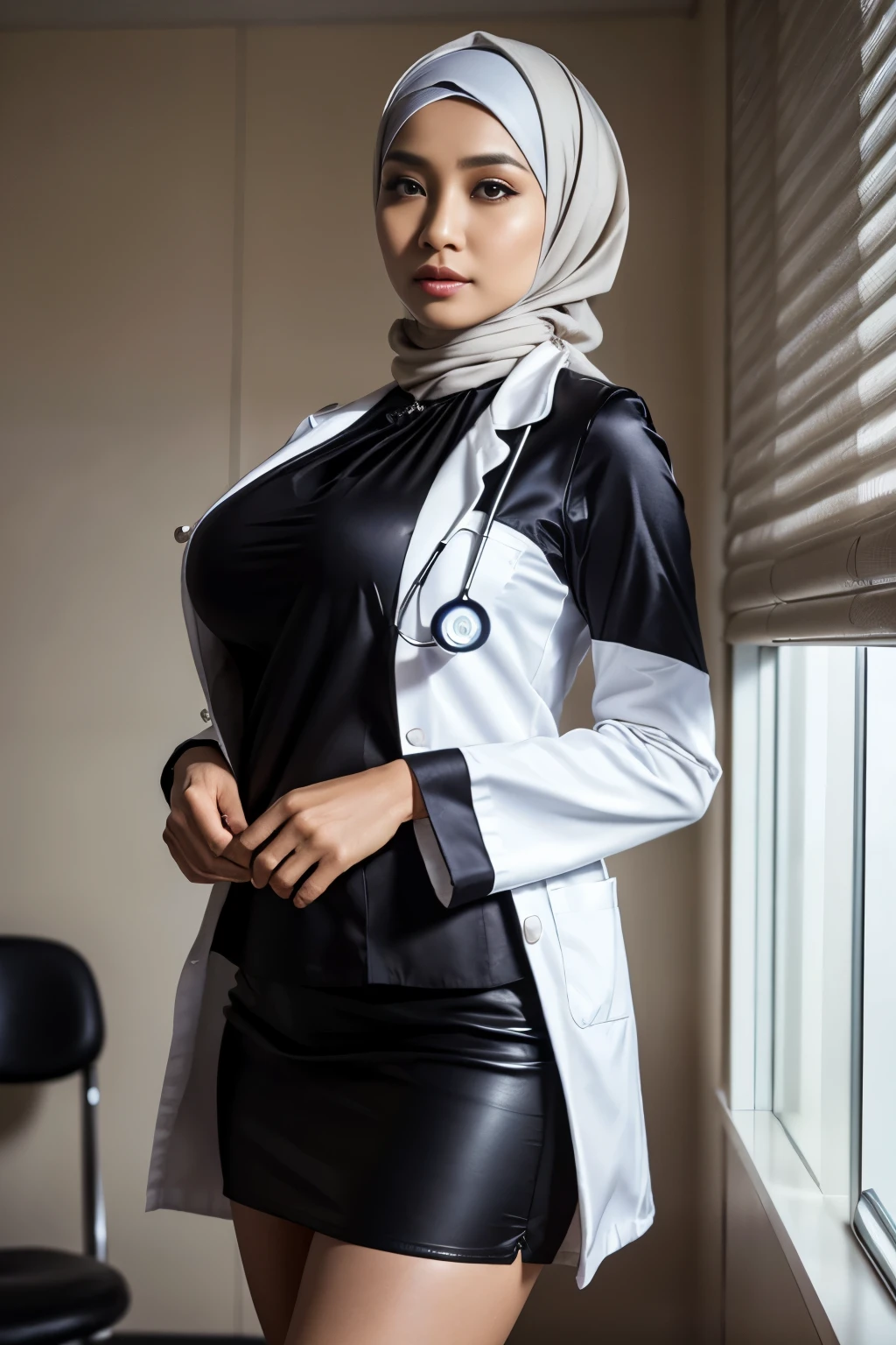 Photorealistic beautiful Hijab Indonesian Mature woman, doctor、stunningly beautiful、doctors white coat, Collared shirt、(top-quality、8K、32K、​masterpiece、nffsw:1.3)、超A high resolution,(Photorealsitic:1.4),Raw photography, Detailed face,,Beautiful hijab, ((Doctor Style)), , Black tight skirt、 Natural makeup,, (Heavy Huge breasts : 1.2)、inside hospital, Detailed background, Perfect Lighting, depth of fields, Beautiful shadow gradient,stethoscope .long satin gamis,protruding ass