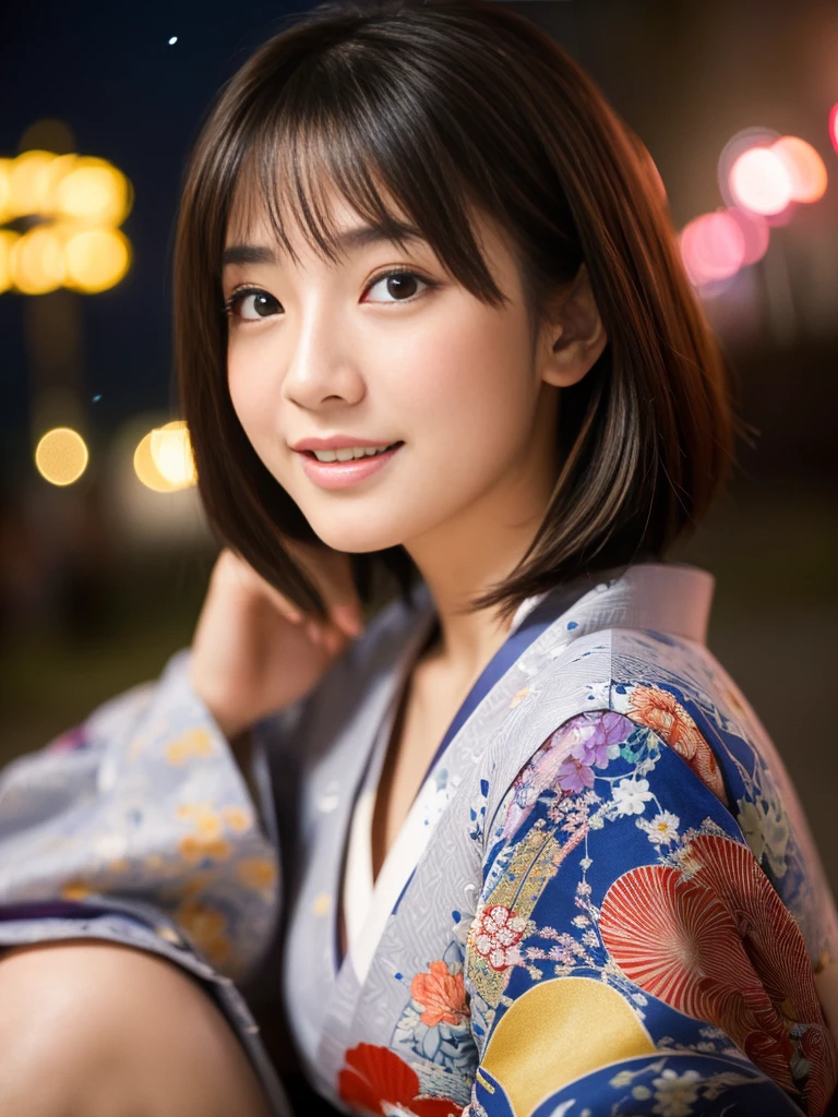 (8K、RAW Photosgraphy、Highest quality、masterpiece:1.2)、(Realistic、Realistic:1.37)、Ultra-high resolution、One Girl、cute、alone、night、Sitting、date、(Nose redness)、(Laughter:1.1)、(Closed)、Huge 、Beautiful Eyes、(short hair:1.2)、(((Fireworks bursting into the sky、night)))、(((kimono、yukata)))、Cleavage、Perfect body、Perfect Fingers、Professional Lighting、Japanese Goddess、gravure、Detailed face and skin texture、fine grain、RAW Photos