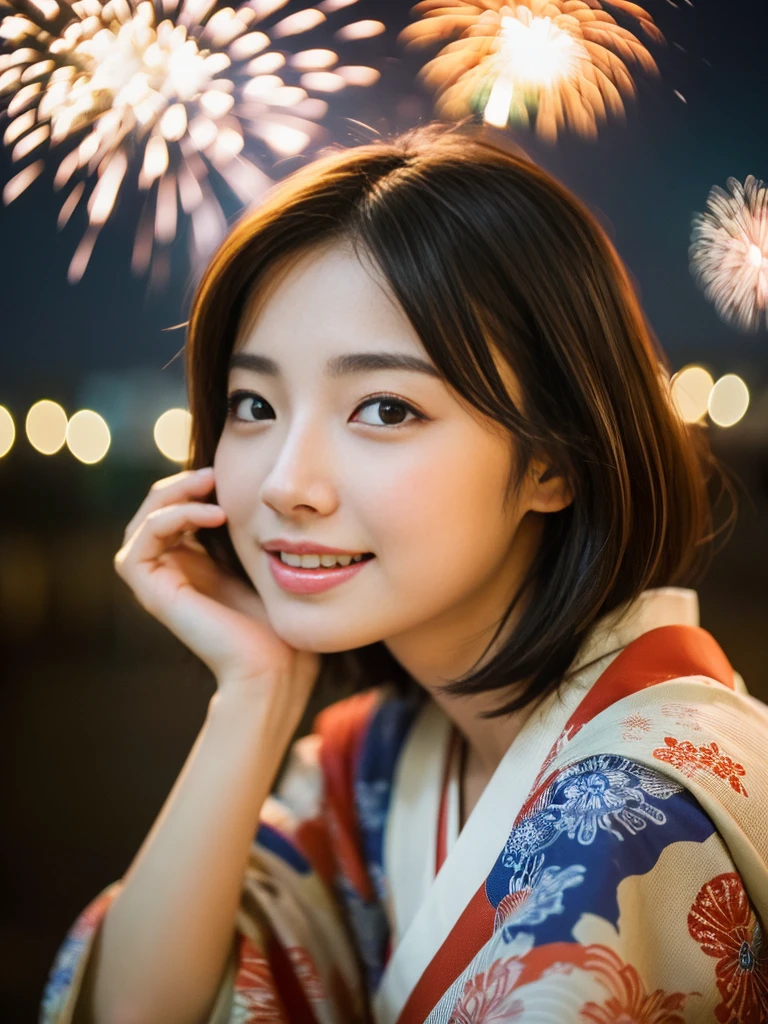 (8K、RAW Photosgraphy、Highest quality、masterpiece:1.2)、(Realistic、Realistic:1.37)、Ultra-high resolution、One Girl、cute、alone、night、Sitting、date、(Nose redness)、(Laughter:1.1)、(Closed)、Huge 、Beautiful Eyes、(short hair:1.2)、(((Fireworks bursting into the sky、night)))、(((kimono、yukata)))、Cleavage、Perfect body、Perfect Fingers、Professional Lighting、Japanese Goddess、gravure、Detailed face and skin texture、fine grain、RAW Photos