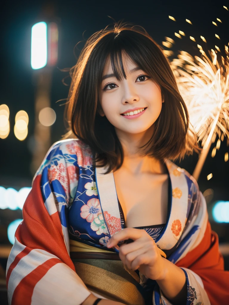 (8K、RAW Photosgraphy、Highest quality、masterpiece:1.2)、(Realistic、Realistic:1.37)、Ultra-high resolution、One Girl、cute、alone、night、Sitting、date、(Nose redness)、(Laughter:1.1)、(Closed)、Huge 、Beautiful Eyes、(short hair:1.2)、(((Fireworks bursting into the sky、night)))、(((kimono、yukata)))、、Perfect body、Perfect Fingers、Professional Lighting、Japanese Goddess、gravure、Detailed face and skin texture、fine grain、RAW Photos