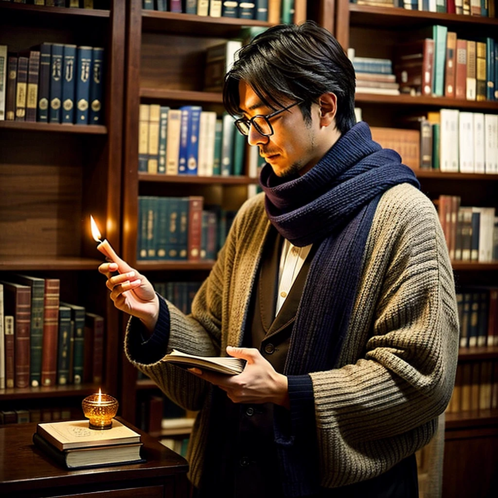 solo, A realistic profile photo of a Japanese man who specializes in fortune-telling. He has a calm and wise demeanor, with medium-length, straight hair, and is clean-shaven. He wears glasses and is dressed in casual but elegant clothing, such as a sweater and a scarf. In the background, there are elements that hint at his profession, like mystical symbols, tarot cards, and a dimly lit, cozy setting with candles and bookshelves filled with ancient books.