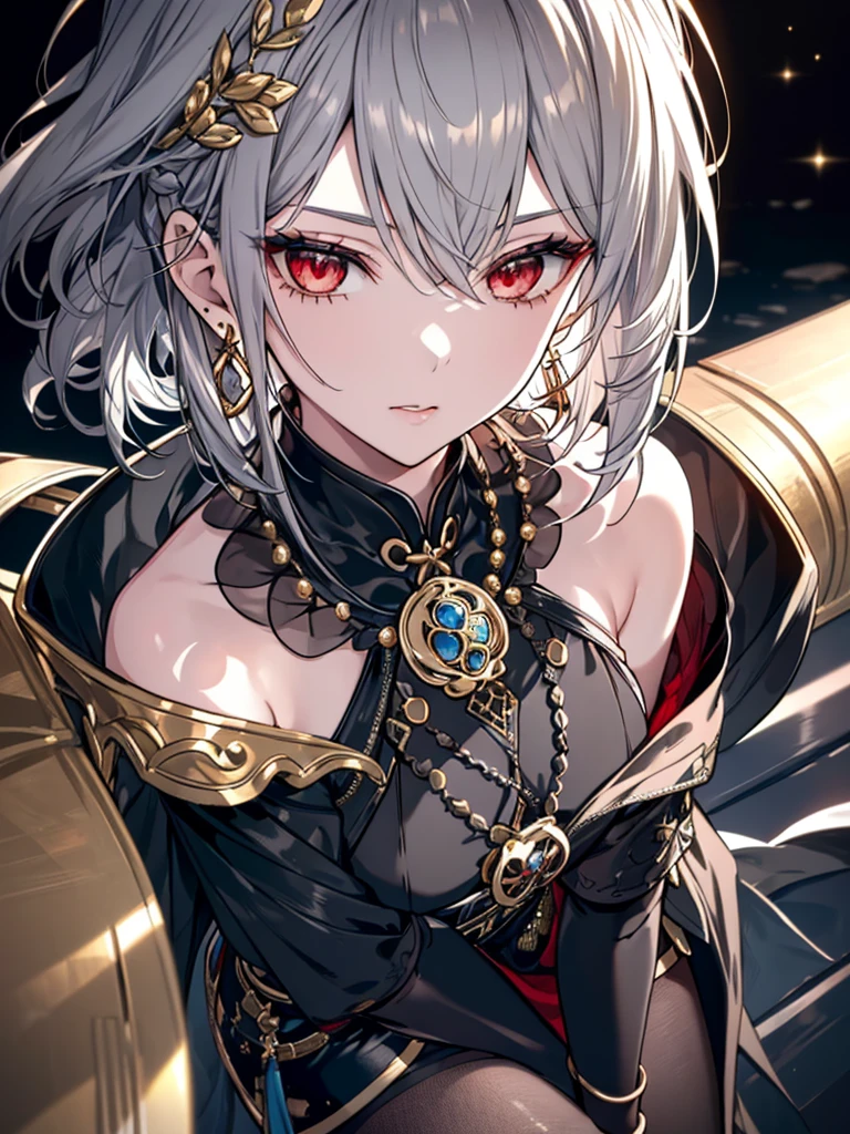 8k,High resolution RAW color art,Anime Art,Silver Marble Skin, (((Very detailed and cool))), Detailed skin, Bokeh、texture,(Exquisitely crafted, The finer details, Ultra-detailed art), (((1 girl))), Depth of written boundary, Silky Touch, Hyper Detail, (((Cool face))), eye shadow、woman, Beautiful detailed red eyes, Beautiful lip detail, Highly detailed face, Delicate depiction of hair and eyes, Detailed Fashion, Golden earrings,(((Knee))), Black half top、(((Shoulder Bare)))、Black shorts、Waist Cloak、black tights、Golden decoration, Grey Hair, Golden bracelet, Straight Hair、Short Hair、(((Hair)))、Ruined City