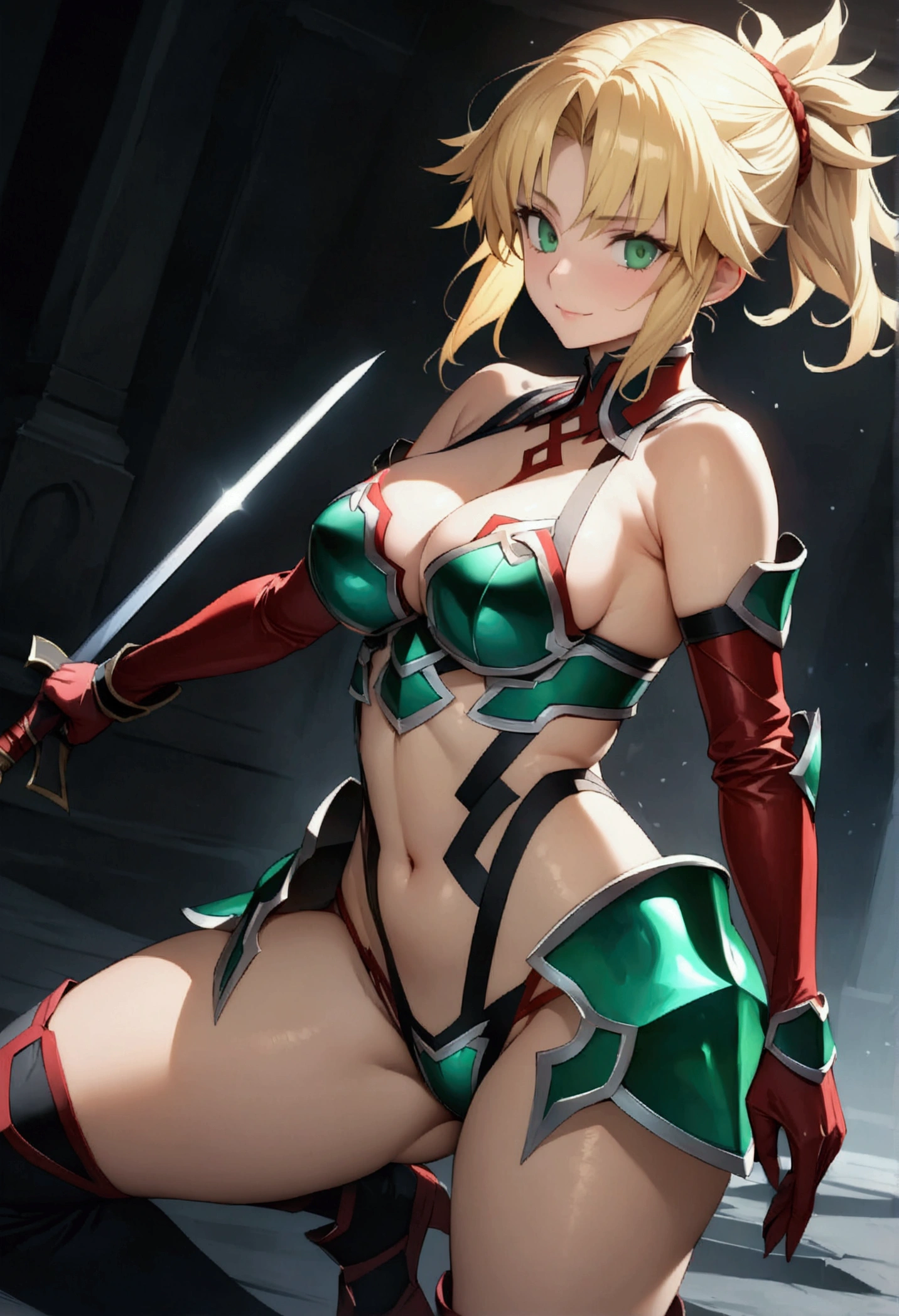 ((greatest masterpiece:1.3, ultimate quality:1.3, ultra-detailed:1.2)), (movie lighting), ((perfectly sensual)), super fine illustration, an extremely delicate and beautiful, 4K, 8K, 16K, UHD, 1girl, solo, Mordred (Fate Grand Order), gorgeous blonde hair, short ponytail, lustrous emerald eyes, voluptuous, cleavage, well-proportioned feminine body, anatomically perfect, detailed beautiful face, confident smile, perfect posture, battle stance, wielding sword, erotic armor, suspender bikini armor, highly revealing, bare shoulders, midriff, zettai ryouiki, cinematic angle, official artwork, bold composition, alluring image, perfect AI assist, world-class masterpiece,