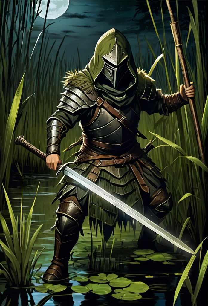 Warrior with leather armor and hood without mask, cutting reeds frontally in a swamp at night using his sword fiercely , em frente a uma entrada de gruta rochosa cheia de musgo