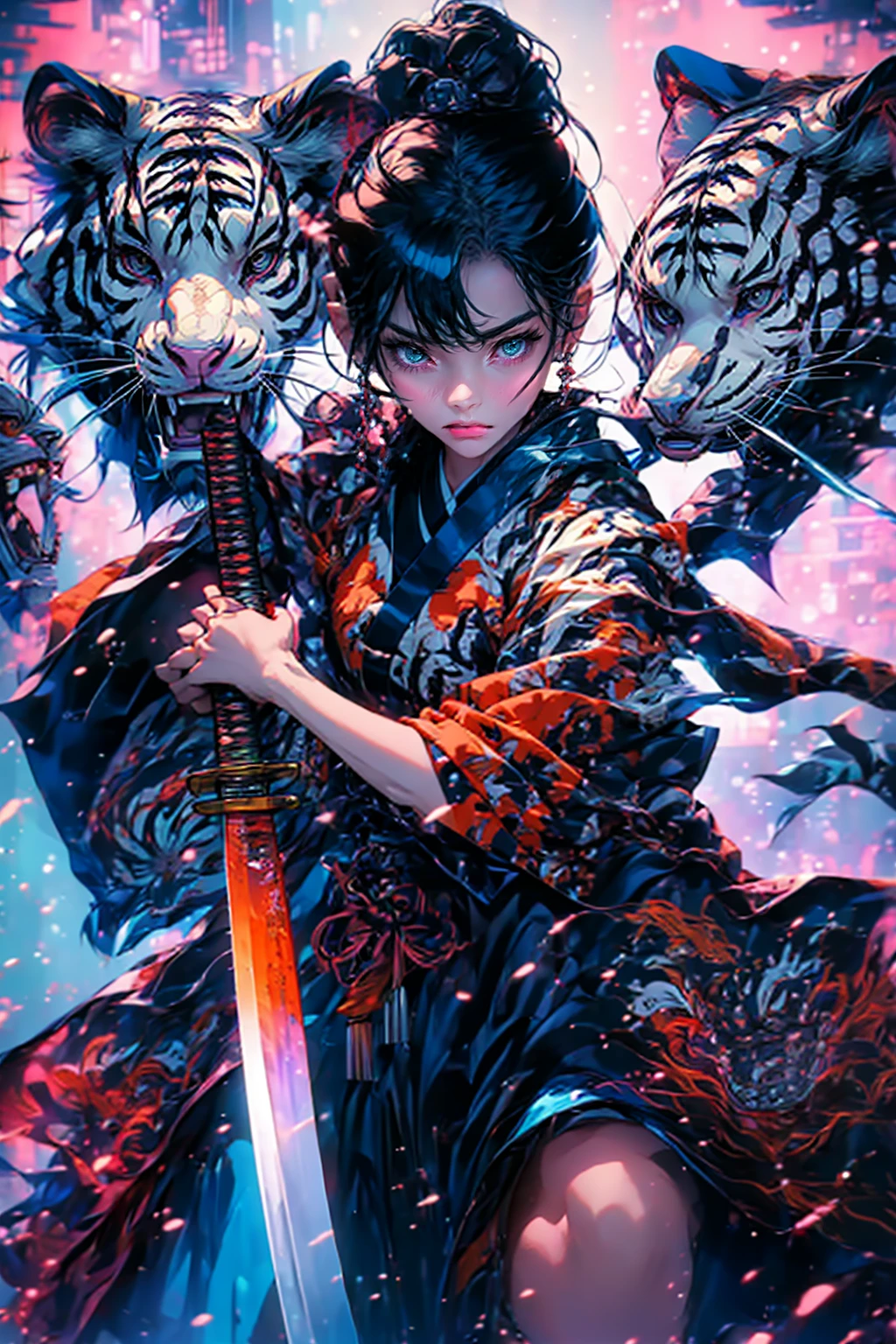 1girl,solo,cool,kimono,japanese style,xuer ai yazawa style girl,holding weapon,katana,looking at viewer,fighting stance,white tiger