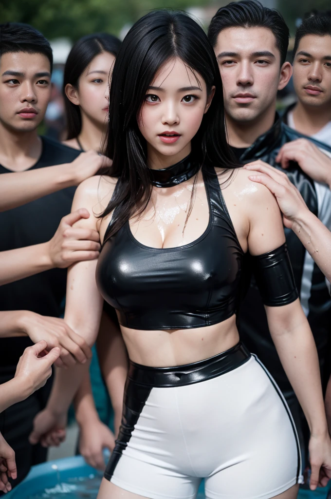 (:1.8) Japanese woman, extremely large breasts, oversized breasts, full black latex catsuit, breast grab, pool, ass grab, thousands of men around her grabbing breasts, breast grab, multiple hands, masterpiece, best quality, highly detailed, , crowd surf, very realistic face, very realistic eyes, very large crowd of men around her, men grabbing her body, breasts squeezed, molesting, masterpiece, best quality, highly detailed, 1girl, large breasts, multiple hands, stage, crowd surf, shorts, crop top, grabbing ass with crazy crowd, breast grab, men all around her, body squeezed, many people grabbing breasts, getting beat up, pulling clothes, extremely wet and sweaty, nsfw, grabbing clothes, ripping clothes apart, abused, extremely wet, drenched in water, drenched in sweat, licking clothes, holding her arms behind her back, arrested