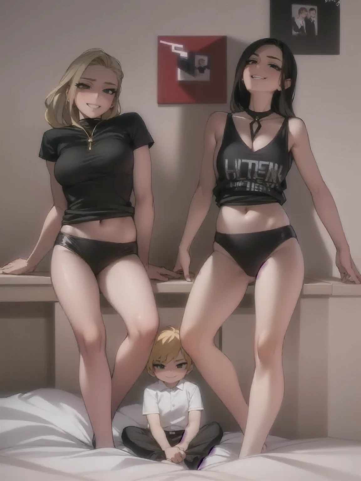 two sexy women looking down at boy with blonde hair, seductive smiles, portrait, various hair