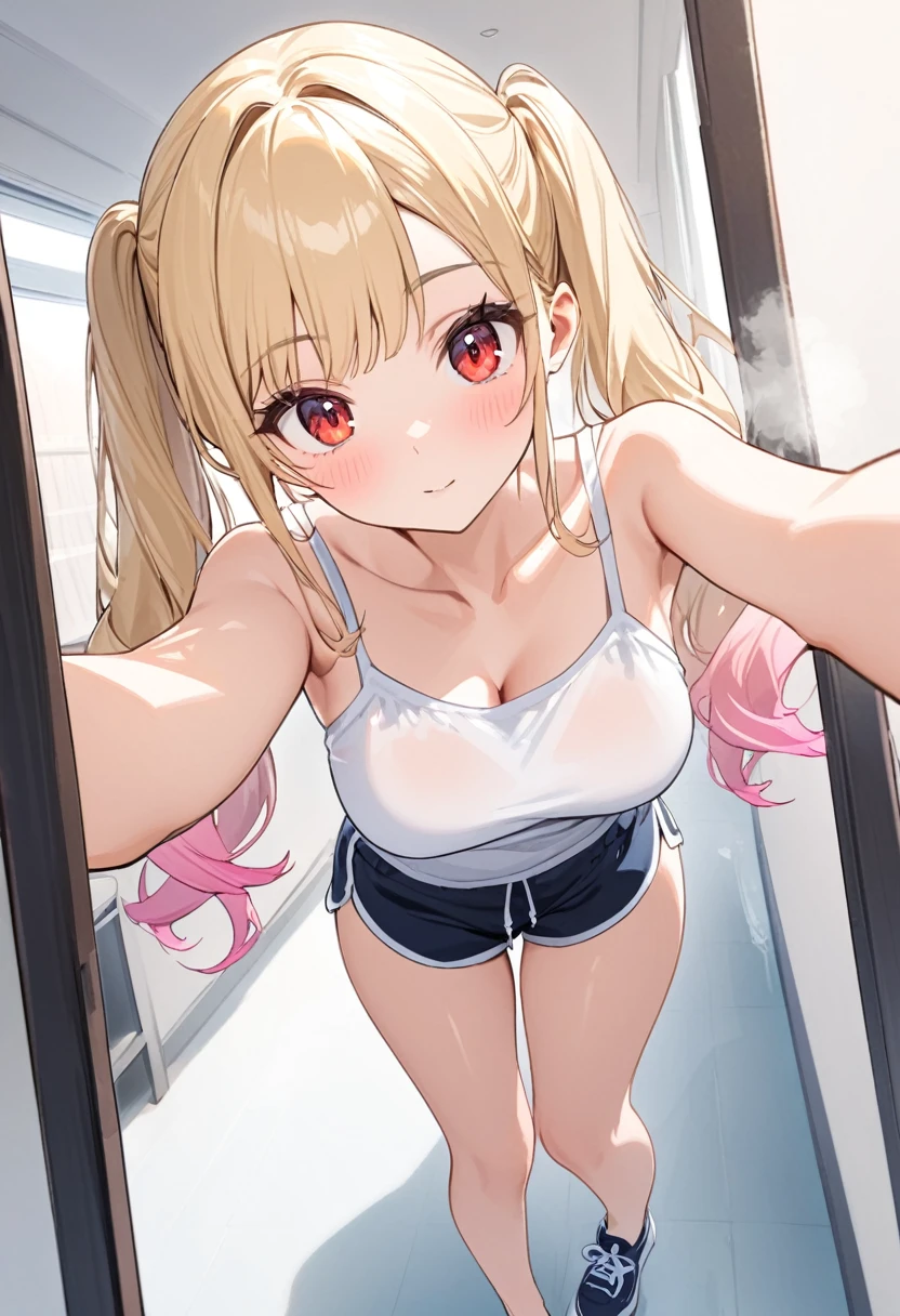 Gradient with pink tips,Blonde,Twin tails up to the shoulders,Red eyes,high school girl,A pleasant looking face,Slightly curled twin tails,medium breasts,steam,(selfie1.5),front view, (from below), Side bangs down to the collarbone with curls, With pink gradient tips,full body,dolphin shorts,White camisole, close to viewer