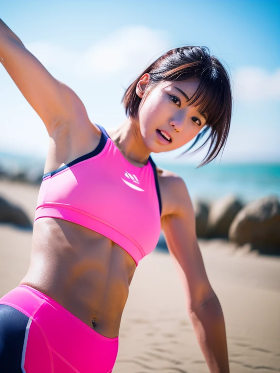 Best quality 8k resolution Ultra detailed Bright neon pink sportswear Serious facial expression Cute girl Abs Arms up Very short hair High waisted tights Flat chest Japanese Sharp focus Beach volleyball club Very short hair Sweating