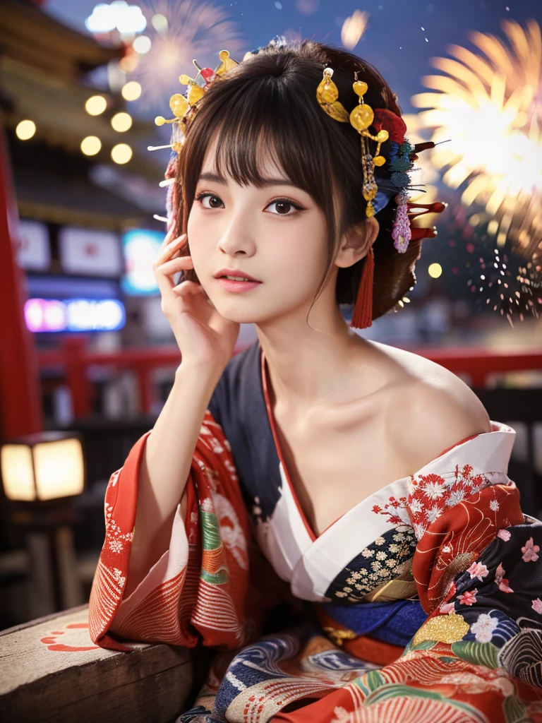 (8K、RAW Photosgraphy、Highest quality、masterpiece:1.2)、(Realistic、Realistic:1.37)、Ultra-high resolution、One Girl、cute、alone、night、Sitting、date、(Nose redness)、(Laughter:1.1)、(Closed)、Huge 、Beautiful Eyes、(short hair:1.2)、(((Fireworks bursting into the sky、night)))、(((kimono、yukata)))、Cleavage、Perfect body、Perfect Fingers、Professional Lighting、Japanese Goddess、gravure、Detailed face and skin texture、fine grain、RAW Photos