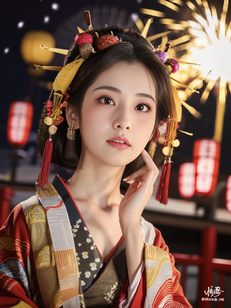 (8K、RAW Photosgraphy、Highest quality、masterpiece:1.2)、(Realistic、Realistic:1.37)、Ultra-high resolution、One Girl、cute、alone、night、Sitting、date、(Nose redness)、(Laughter:1.1)、(Closed)、Huge 、Beautiful Eyes、(short hair:1.2)、(((Fireworks bursting into the sky、night)))、(((kimono、yukata)))、Cleavage、Perfect body、Perfect Fingers、Professional Lighting、Japanese Goddess、gravure、Detailed face and skin texture、fine grain、RAW Photos