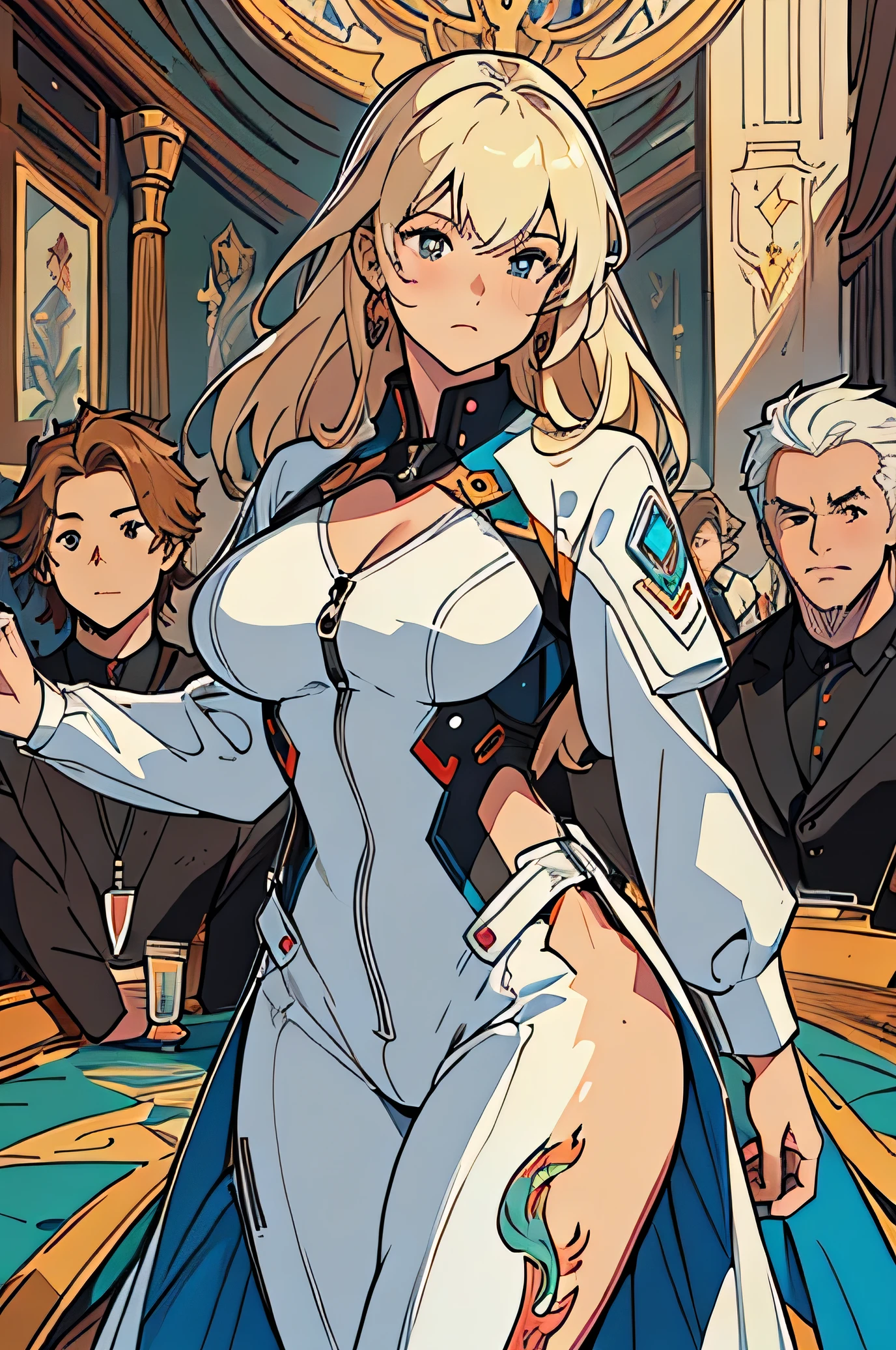 Unity 8K wallpaper, Anatomically correct, (((masterpiece))), (((best quality))), (((Extremely detailed))), (((high resolution))), ((Super beautiful illustrations)), ((Ultimate cuteness)), Shiny hair, (Medium breasts), Cowboy shooting, 1 girl, 4boys, stand,