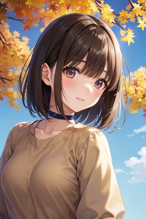 anegasaki nene、Shiny brown hair, short hair, Very detailedな顔, ,


Highest quality, Great quality, 16K, Unbelievably absurd, Very detailed, 2.5D, delicate and dynamic, 
Absurd, Ultra-detailed,Bright colors, Very beautiful and detailed anime faces and eyes, Age 25,(Autumn blue sky:1.4)、In a row of ginkgo trees ,It is dotted with maples,Asymmetrical bangs, Shiny Hair, Delicate and beautiful face, blush、, White skin, Barrette,  (Brown shirt:1.4)、Smile、Slender body、(Light of the sun)、choker、