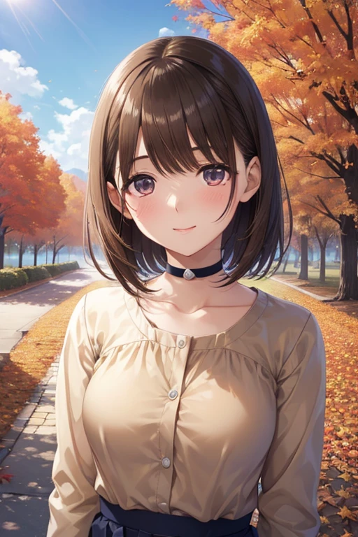 anegasaki nene、Shiny brown hair, short hair, Very detailedな顔, ,


Highest quality, Great quality, 16K, Unbelievably absurd, Very detailed, 2.5D, delicate and dynamic, 
Absurd, Ultra-detailed,Bright colors, Very beautiful and detailed anime faces and eyes, Age 25,(Autumn blue sky:1.4)、In a row of ginkgo trees ,It is dotted with maples,Asymmetrical bangs, Shiny Hair, Delicate and beautiful face, blush、, White skin, Barrette,  (Brown shirt:1.4)、Smile、Slender body、(Light of the sun)、choker、