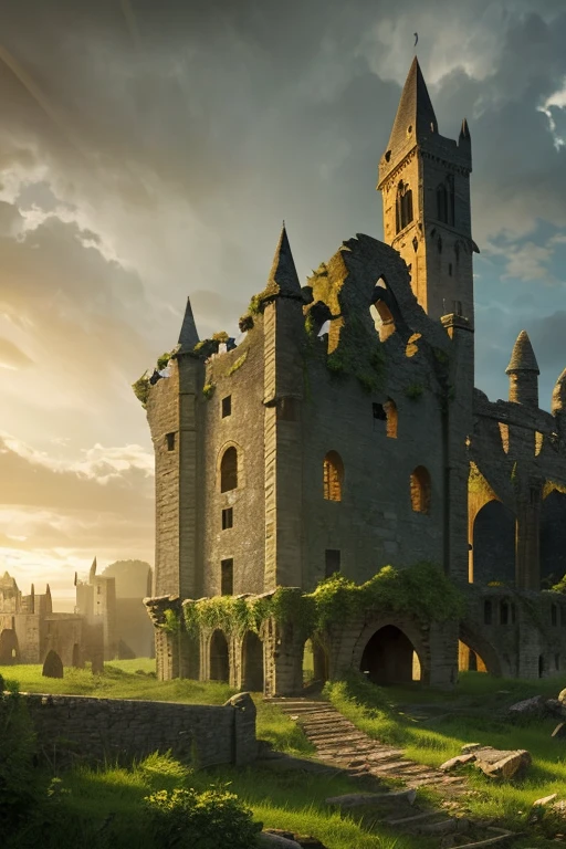 a medieval castle in ruins, crumbling stone walls, overgrown vegetation, shafts of sunlight, detailed architectural features, dramatic lighting, moody atmosphere, cinematic composition, photorealistic, 8k, intricate details, masterpiece