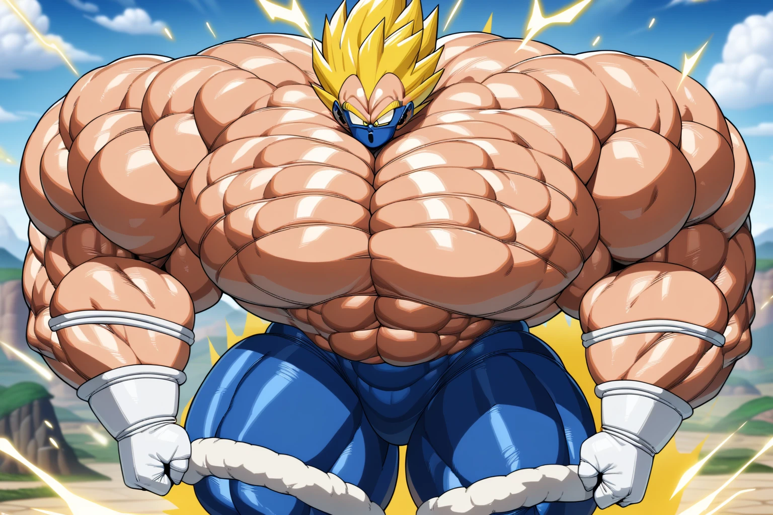 1boy, Vegeta, from Dragon Ball Z, masterpiece, best quality, very aesthetic, absurdres, saiyan, green eyes, spiked hair, (yellow hair:1.5), shirtless, blue skintight pants, white gloves, (huge muscles:3.5), dragonballartstyle, in the style of Akira Toriyama, white tiled floor, outdoors, flat-top mountains, nipples, yellow aura, electricity, (blue skintight pants:2)