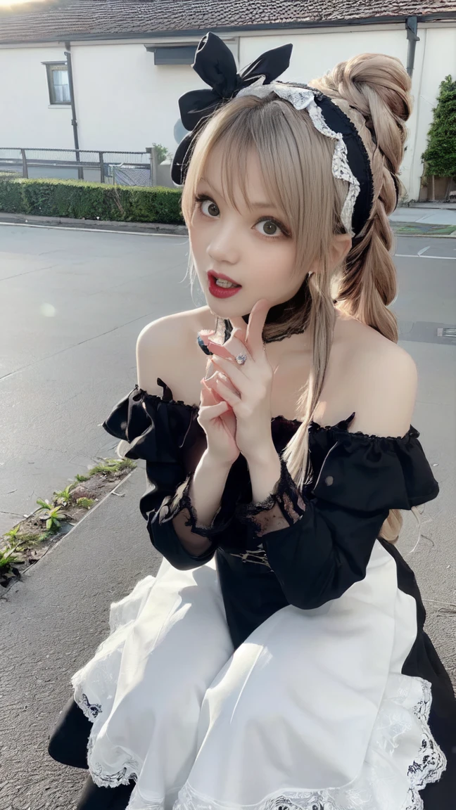 ((18 year old Japanese girl, 1 person)), (((Gothic ta Fashion:1.3)),(((Lace off-the-shoulder dress))),(((Outfit with intricate lace detailing))),(Accentuate larger breasts:1.3),(European castle background:1.3),(Flowerbed with colorful flowers blooming in the garden),(Squat:1.3),(The contrast of light and shadow、The subject appears three-dimensional),Cute and beautiful girl,Cute round face,Cute Smile,blush,Red lips,(Silvery white hair,Floral knit headband,Half Up、Floral braided space buns,Voluminous fishtail braid,Twisted pan,),(The bangs are see-through),hairpin,hair ornaments,Detailed clothing features,Detailed hair features,Detailed facial features,(Dynamic Angle),BREAK ceremony,((Random sexy poses、put in、Deep joy, Ecstatic Eyes:1.2)), ((I gasp hard:1.2))、Ecstatic face、Climax expression, Through clenched teeth、My whole body is convulsing、Official Art，Highly detailed CG Unity 8k wallpaper, (masterpiece:1.0),(Highest quality:1.0), photo shoot, 8k, Browsing Caution, High resolution, Kodak Portrait 400, Film Grain, Lens flare brilliance,Very low camera angle, View your viewers