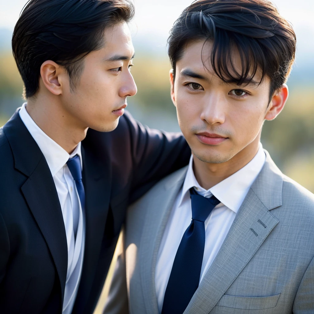 solo, World Press Photo Award, (Award-winning photo: 1.3), (But in Japan, Beautiful Face, Young people, Japan skin color, Characteristics of Japanese men: 1.0), (Very clear photos: 1.1), (8k, born Photos, Highest quality: 1.3), (Realistic, Realistic, Navy blue check tie, suit: 1.1), challenging, moving, bring up ( Typical modern American man in the beautiful outdoors: 1.5), Analog Style (Show Viewer: 1.2) (Skin Texture) (Film Grain: 1.3), (Warm colors, Warm tones: 1.2), close, Cinematic Light, Side light, Ultra-high resolution, Best Shadow, born, Upper Body, Micro Geometry, Skin elasticity, Scattering of light through hair, Ambient Occlusion, Multi-layered Skin Shading, Facial muscle simulation, Rendering the iris and pupil, Advanced Color Grading