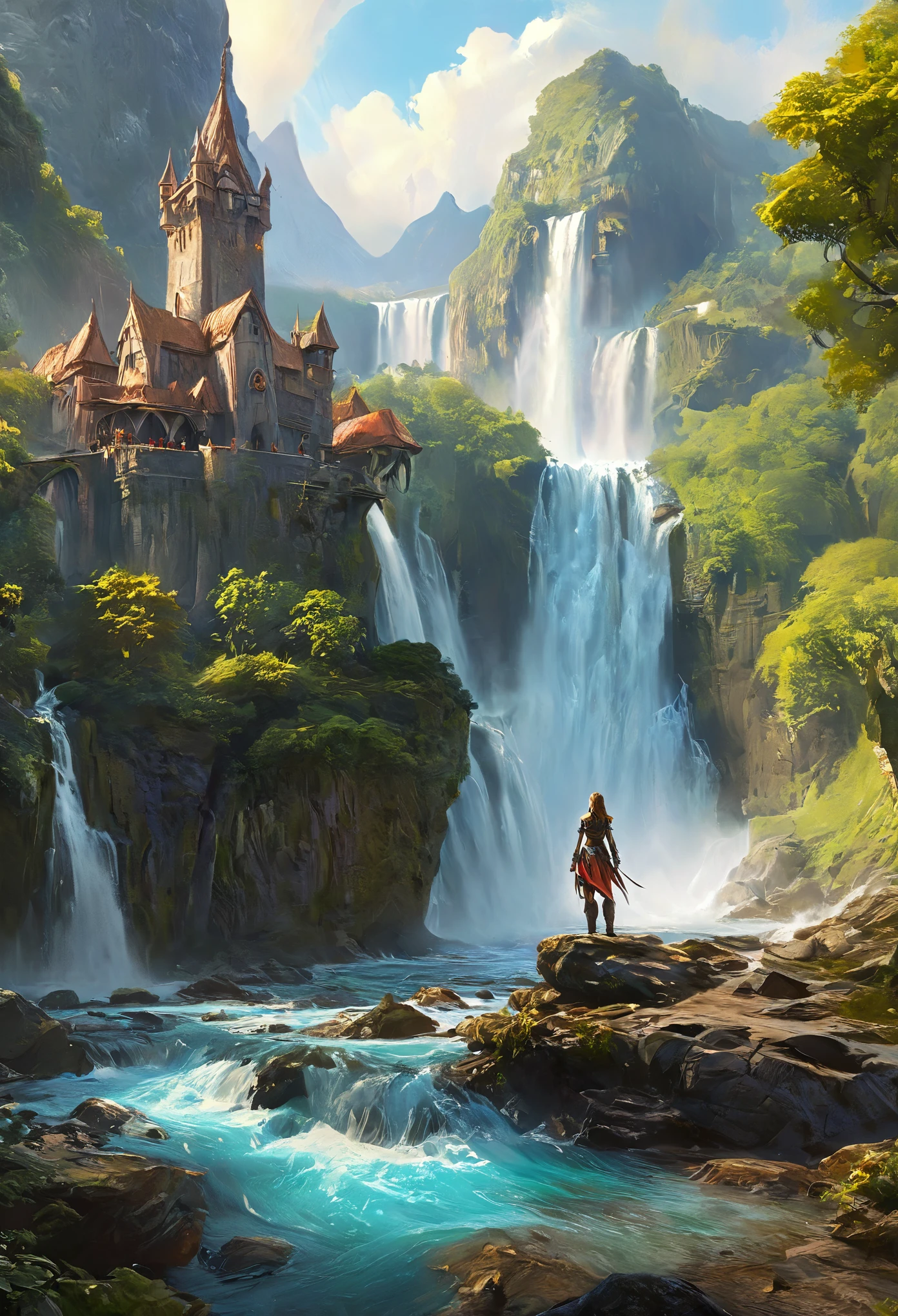 An alfa view of the falls with the tower and waterfall in the background, fantasy matte painting,Landscape painting, Game Art Matte Painting, Illustration Matte Painting, Dota! Matte painting concept art, Dota Matte painting concept art, 2. 5d cgi fantasy artwork, Dreamy Matte Paintings, fantasy matte painting, Avatar Landscape, Game Map Matte Painting, Beautiful girl