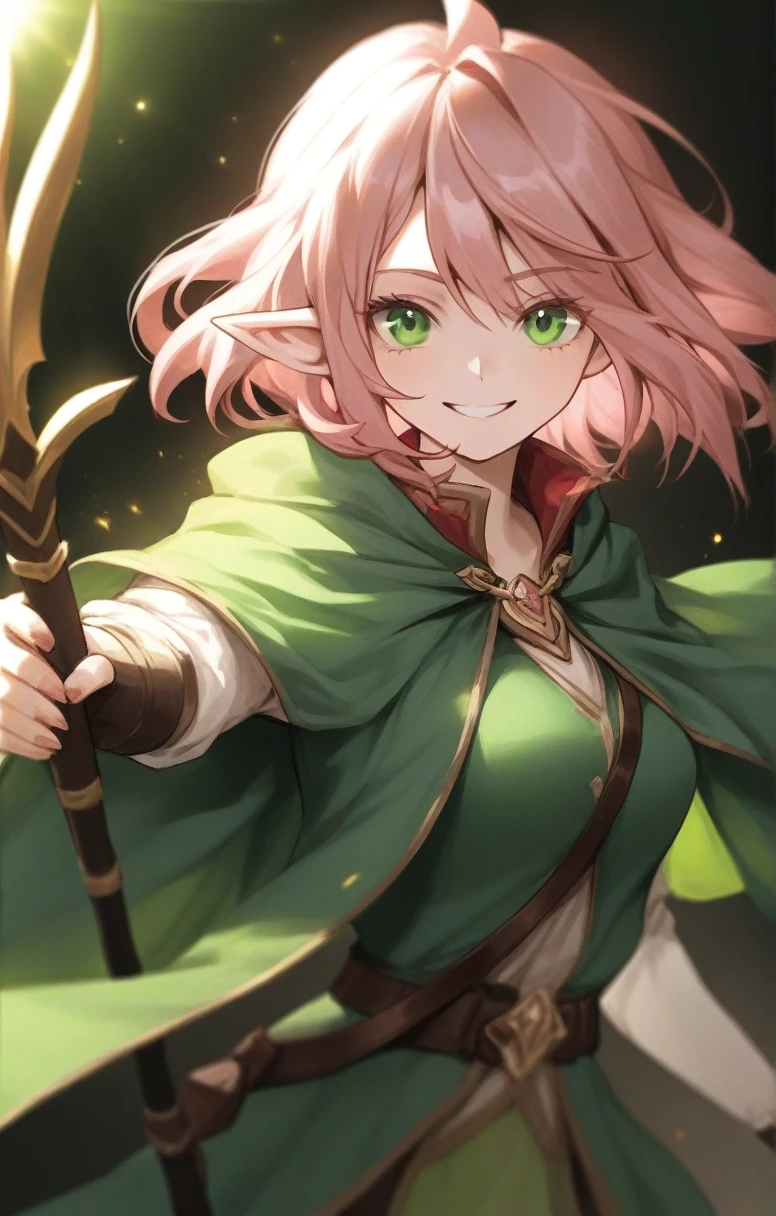 elf, woman, dnd, pink hair, adventurer, green cloak, elegant, wield staff, green eye, sun light, bust shot, less smile, flat chest