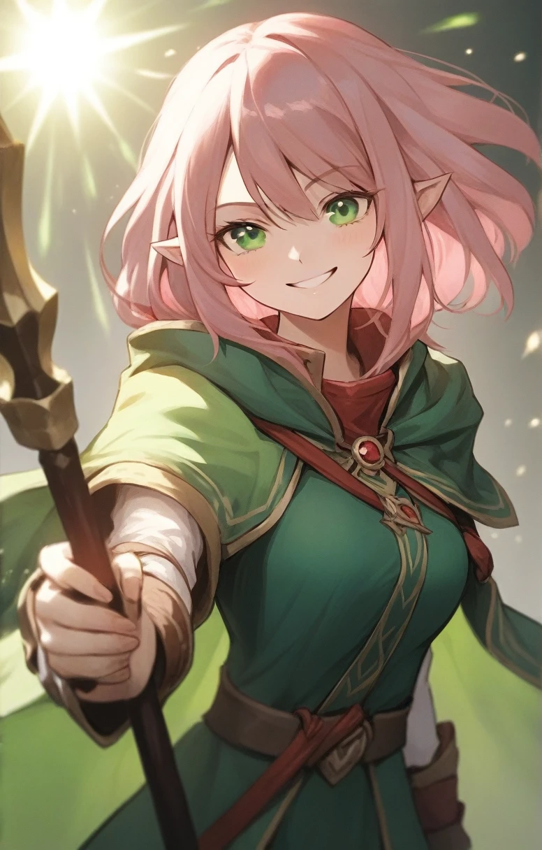 elf, woman, dnd, pink hair, adventurer, green cloak, elegant, wield staff, green eye, sun light, bust shot, less smile, flat chest