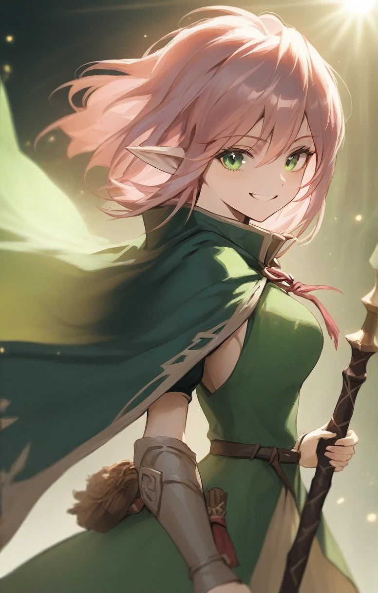 elf, woman, dnd, pink hair, adventurer, green cloak, elegant, wield staff, green eye, sun light, bust shot, less smile, flat chest