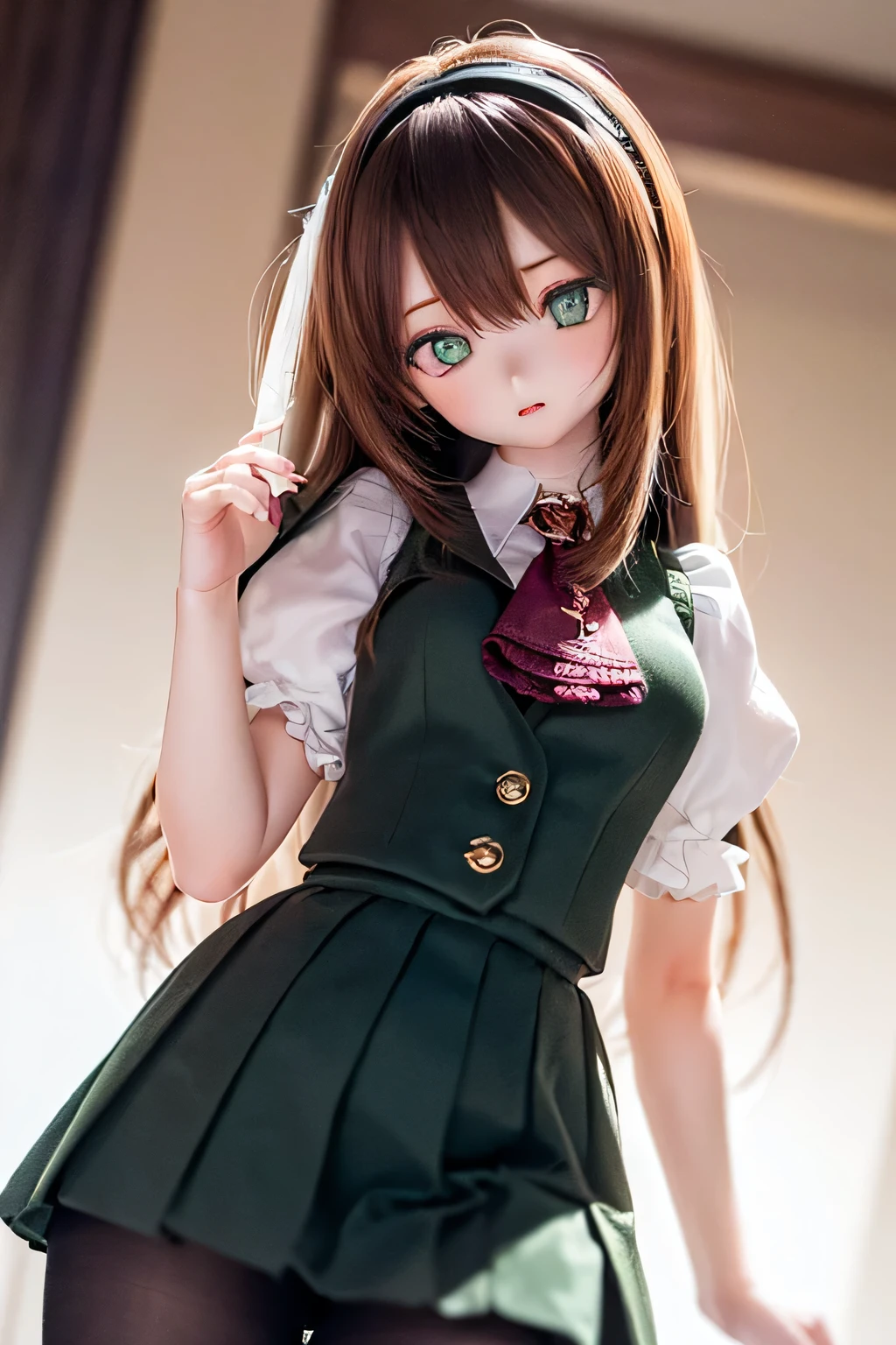 (SFW:2), photorealistic, realistic photo, 8k, ((highest quality)), ((masterpiece)), (extremely detailed), kukolnydom, doll, (mature woman, 21yo, 21 years old, solo:1.6), (cowboy shot, standing, slim, slender, skinny, medium breasts, hairband, ascot, vest, shirt, puffy sleeves, pleated skirt, black pantyhose, green eyes, brown hair, long hair, plastic skin, looking at another, glass eyes, gradient eyes, shining eyes, detailed eyes:1.3)