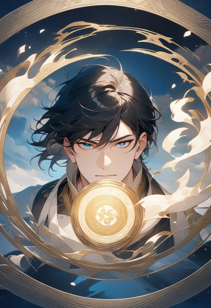 ultra detailed,Man, handsome,with black hair,analog photography,8K, high definition resolution, High resolution,super detailed,(Masterpiece: 1.4),white flame,concentric circles,blue pupils